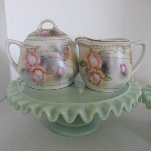 Lovely Sugar & Creamer set  Rose Pattern Pastel Decor Coffe Bar Decor Pink Roses - Picture 1 of 5
